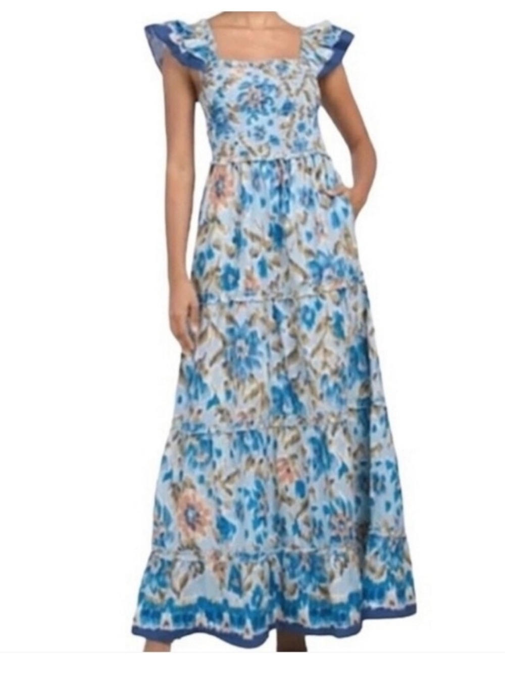 House of Harlow 1960 Boho Smocked Maxi Dress Size Small Blue Floral - Picture 10 of 11